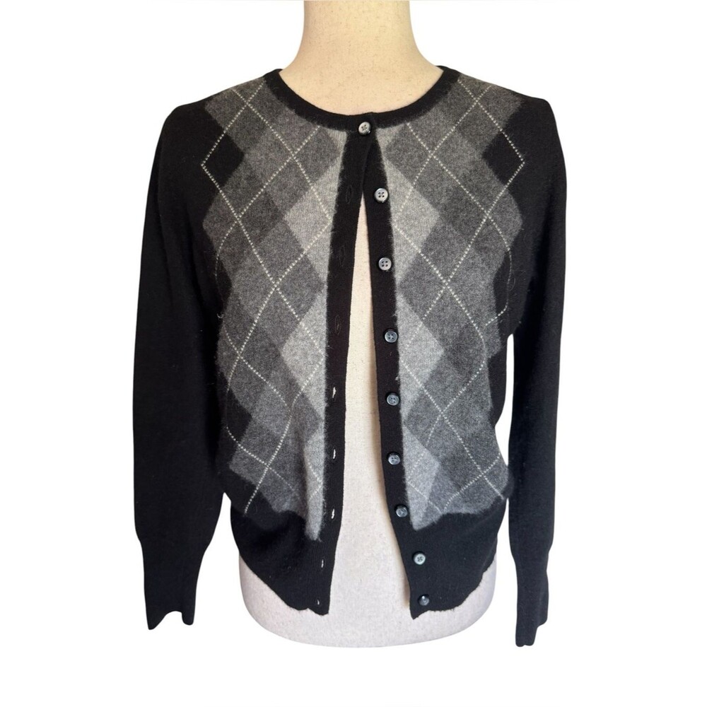 Apt. 9 Cashmere Black and Gray Argyle Crewneck Button Front Cardigan